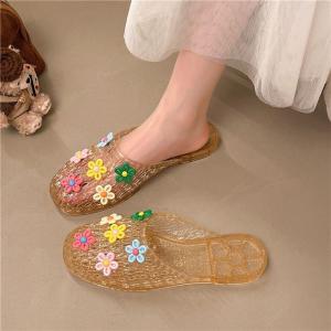 [Free Shipping] Transparent Floral Slippers A Slimming And Fashionable Summer Style 2026 New Korean Design Suitable For Wearing Outdoors Flat-Soled Soft-Bottomed Crystal Sandals For Women