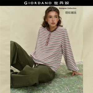 GIORDANO Women T-Shirts Contrast Stripe Sweet Young Tee Henley Neck Long Sleeve Fashionable Casual Loose T-Shirts 18325624