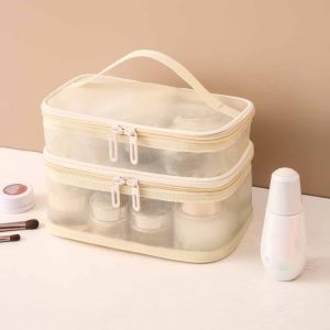 LUQIU Large Capacity Travel Cosmetic Bag Transparent Mesh 1/2/3 layer Make Up Organizer Bag Portable Storage Makeup Case Womens