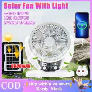 6 Inch Solar Camping Fan With Light Portable Electric Fan Multi-Function With Solar Panel And 2 Led Bulb Light 2 Speed Strong Wind 5500mAh Large Battery USB Rechargeable For Outdoor Travel Home Office