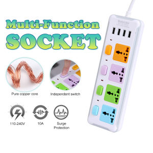 US Plug 4 Power Socket Strip with Individual Switch 4 USB Ports Max 10A 110-250V~ 2500W Multi Function Socket 2M 5M Extension Cord