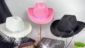 Sparkly Wedding Cowboy Hats Rhinestones Accents Flowing Tassels Delicate Lace Trim Adjustable Adult Size