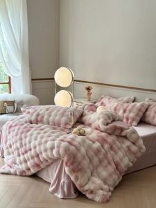 FFBH 4pc Winter Bed Sheet Set Warm Milk Velvet Rabbit Velvet Duvet Cover Thickened Double-sided Flannel Bed Blanket Coral Bedding Set N7Y3P