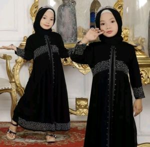 COUPLE ABAYA TURKEY IBU DAN ANAK BAHAN JETBLACK SAUDI DUBAI 475 GAMIS ARAB HITAM