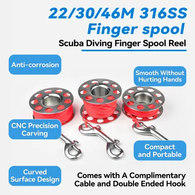22M-45M Dive Finger Spool Stainless Steel Cave Diving Reel with Red Guide Rope & Double End Bolt Snap Clip Osito Scuba Diving SMB Marker Buoy Line Reel for Underwater Navigation Safety Ascend