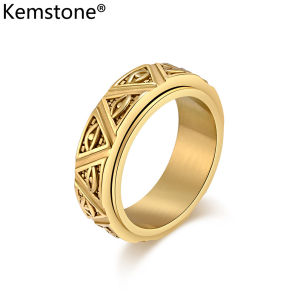 Kemstone Men Rotatable Rings Ancient Egyptian Mythology Horus Eye Stainless Steel Triangle Pyramid Guardian Gold Plated Ring Jewelry