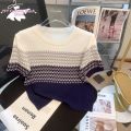 Ice Silk Top Women's Fashion Color Blocked Thin Knit Sweater for Commuting. 