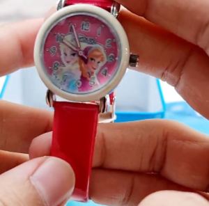 Disney Frozen Girls Ladies Anna and Elsa Analog Quartz Watch with Leather Strap PSFR1206-07b NEON PINK