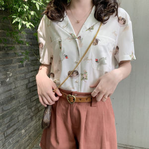 IELGY เสื้อพิมพ์ลายนางฟ้าญี่ปุ่นคอวีย้อนยุคสไตล์ฮ่องกงเสื้อดีไซน์แขนสั้น