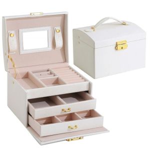 Jewelry Box PU Leather Three-layer Large With Mirror Earrings Necklace Storage Jewelry Box Organizer
