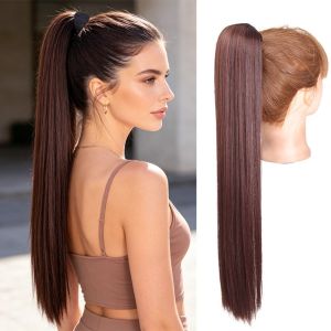 WARM 24inch Long Straight Ponytail wig Synthetic Clip in Pony Tail Hair Piece Heat Resistant Layered Wrap Around Pigtail for Women