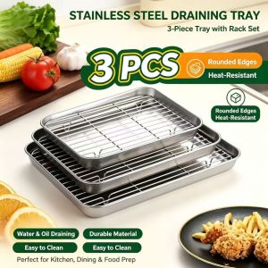 3Pcs Stainless Steel Baking Tray with Removable Cooling Rack Set Non-stick Chips Basket Baking Dish Tray