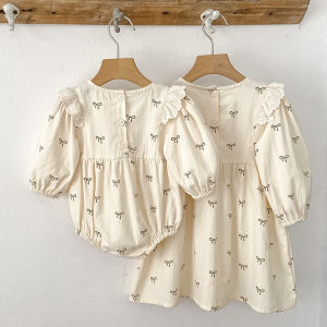 2025 New Autumn Sister Dress 0-6Yrs Girl Party Dress Lace Twins Long Sleeved Cotton Bow Baby Girl Romper Kids Princess Dresses2026