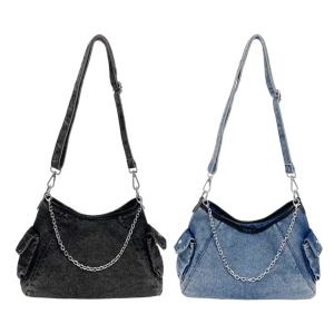 Compact Jean Satchel Purse Trendy Chain Detail Womens Casual Shoulder Bag For Phone And Wallet Essential Storage