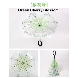 Transparent C type Handle Umbrella Reverse Upside Down Cherry Blossom