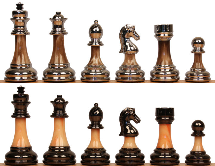 3 1/2'' Decorative Staunton Silver & Black Anodized Metal Finish Chess Set ตัวหมากรุกสากลอะคริลิคโลหะ