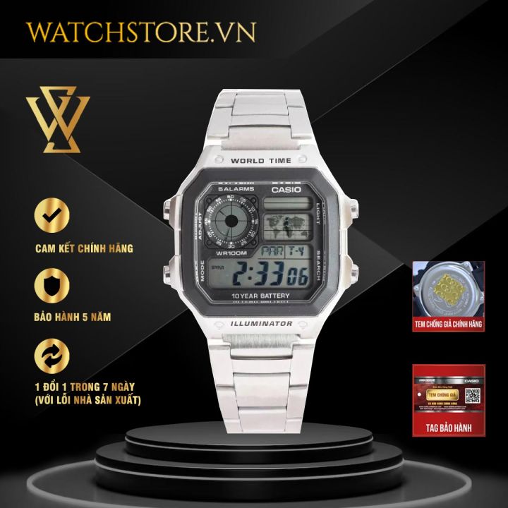 Đồng Hồ Điện Tử Nam Casio Chính Hãng WATCHSTORE AE-1200WHD-1A Thiết Kế Kính Nhựa, Dây Kim Loại Và Vỏ Nhựa Bền Bỉ