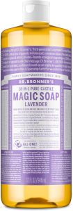 Dr. Bronners Pure-Castile Liquid Soap Made with Organic Oils 18-in-1 Uses: Face Body Hair Laundry Pets and Dishes Concentrated Vegan Non-GMO Lavender 32 Oz