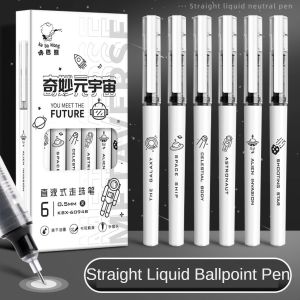 6Pcs Straight Liquid Ball-point Pen Rollerball Gel Pens 0.5mm Needle Tube Black Water-based Large Capacity Quick Dry Student Office Pen