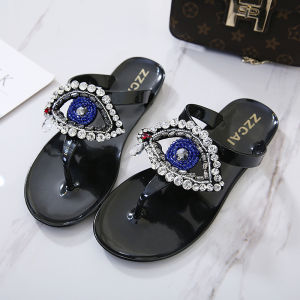 MANXIXI Fashion Women Flip Flop Bohemian Style Beautiful Eye Pattern Rhinestone Pearl Flat Slippers (Size 36-41)