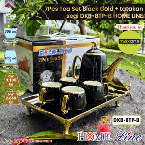 HOME LINE 6 pcs cangkir teh keramik + teko + tatakan segi / coffee tea set cup and saucer porcelain white gold