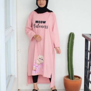 Pabrik Baju MEOW MIDI DRESS Bahan Katun Combed Aplikasi Sablon Tunik Wnaita Jumbo S M L XL XXL 3XL