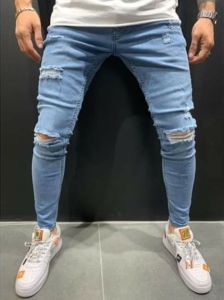 Celana Panjang Jeans Bergaya Sobek Ripped Bahan Denim Warna biru