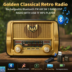 Golden Retro Bluetooth Radio Rechargeable FM AM SW 3 Band DSP Radio with USB TF MP3 Player