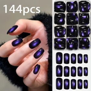 WAPKTY 144Pcs Glossy Finish Press On Nails Medium Oval Medium Short Square Fake Fingertips Glossy Shiny Sparkly Cat Eye False Nails for Holiday Party