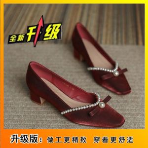 [Free Shipping] Mid-Heel Crystal Wedding Shoes For Women New Pearl Embellished Chunky Heel Pumps Formal Dress High Heels Spring And Autumn Collection