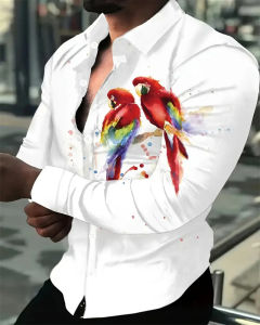 Anime Parrot 3D Print Mens Holiday Long Sleeve Lapel Button-Down Shirt Spring and Autumn 2026 Large Size S-6XL Soft Fabric