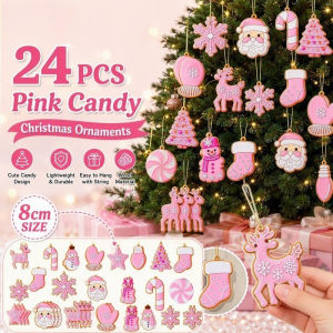 Christmas Tree Ornaments Set 24pcs Pink Candy Wooden Hanging Santa Snowman Reindeer Xmas Decor