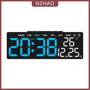 N2HAO  Đồng hồ treo tường kỹ thuật số dẫn đồng hồ báo thức lớn hiển thị bảng đồng hồ treo tường đa chức năng nhiệt độ ngày lịch nhà 12 24h điều khiển bằng giọng nói degital cho phòng ngủ phòng khách trang trí nhà