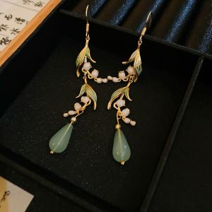 OEUVR Orchid Water Drops Long Tassel Dangle Earrings Chinese Ancient Style Ear Jewelry Ear Hook Exquisite Resin Bell Orchid Leaves Earrings Female