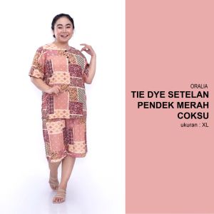 Tie Dye Big Size / One Set Jumbo / Setelan Celana Pendek Jumbo Merah Coksu / Setelan Busui / Tie Die Lengan Pendek / Tie Dye Rayon