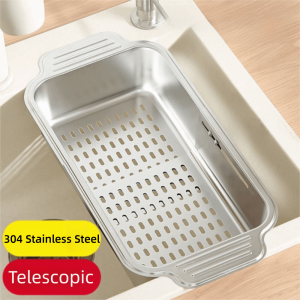 HJKL 304 Stainless Steel Vegetables Drain Basket Thickened Retractable Kitchen Sink Rack Modern Minimalist Rectangular Over Sink Organizer Kitchen Sink