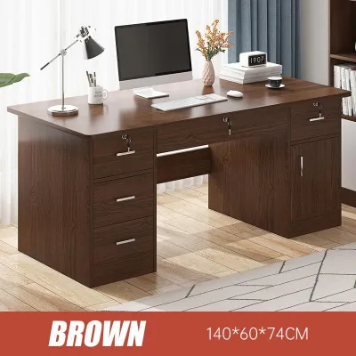 LALA Modern Executive Staff Desk 140cm with Lockable Drawers & Side Cabinet - Brown Wood Grain Home Office Workstation Study Table