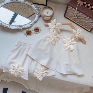 Bear Leader Korean Version Solid Color Childrens Suit Summer 3D Flower Decoration Sleeveless Vest Tops + Shorts 2Pcs Set Muslim Raya Casual Girls Clothes