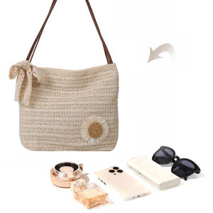 Women Woven Straw Tote Bag with Top Handle Stylish and Practical for Daily Shopping and Travel in Natural Shade