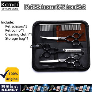 Kemei Pet Dog Grooming Scissors Kit Professional Cat Pet Hair Cutting Curved Scissors Safe Razor Haircut Set
