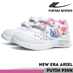 Sepatu Sekolah Anak Perempuan Skolah PAUD TK SD New Era Ariel Indonesia Hitam Pink Putih Strip Sneaker Anak2 Perekat Tempel