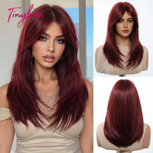 Tóc giả tổng hợp dài màu đỏ rượu vang hàng ngày Tóc giả thẳng xếp lớp màu đỏ tía cho bữa tiệc cosplay với tóc mái cho phụ nữ Tóc tự nhiên chịu nhiệt2026