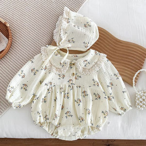 2026 New Spring Infant Baby Bodysuits+Hat Long Sleeved Cotton Floral Printing Newborn Baby Girl Jumpsuit Baby Girl Clothing2026