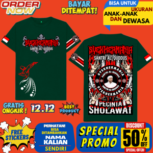 KAOS SYEKHERMANIA"SANTRI AL-QUDDUS"LENGAN PENDEK UKURAN ANAK DAN DEWASA"FREE STIKER"