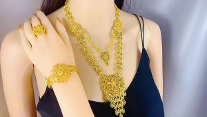 Gold-plated pendant jewelry set bridal wedding accessories gold-plated long necklace bracelet ring earrings best-selling cross-border product