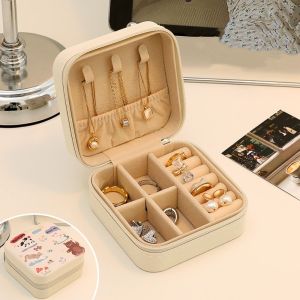 DOI4RE การ์ตูนลายการ์ตูน กล่องเครื่องประดับขนาดเล็ก คาวาอิ พียู PU ที่จัดระเบียบต่างหู น้ำหนักเบามาก ซิปมีซิป เคสแหวนสร้อยคอ สำหรับผู้หญิง