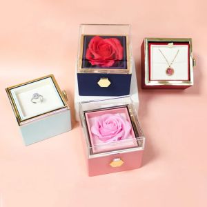 RANZH Eternal Rose Rose Jewelry Gift Box Rotation Ring Display Proposal Ring Boxes Creative Necklace Storage Jewelry Display Rack Valentines Day