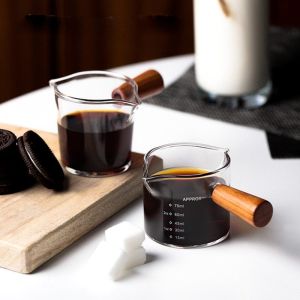 Brightbling Wood Handle Glass Espresso Measuring Cup Double Mouth Milk Jug Coffee Supplies Transparent 75ml