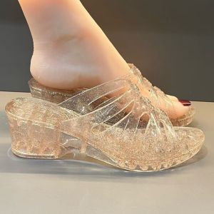 Free Shipping Trendy Glitter High-Heeled Sandals For Women Crystal Shoes Wedge Heels Thick-Soled Outdoor Slippers Fashionable Summer Wear Quick-Drying And Odor-Resistant