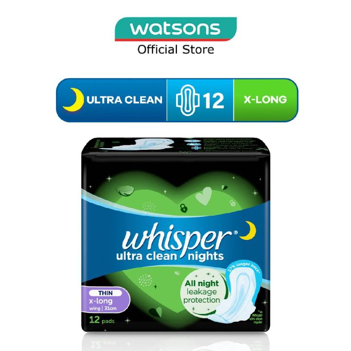 WHISPER Ultra Clean Sanitary Napkins with Wings for Heavy Day or Night Use 12s